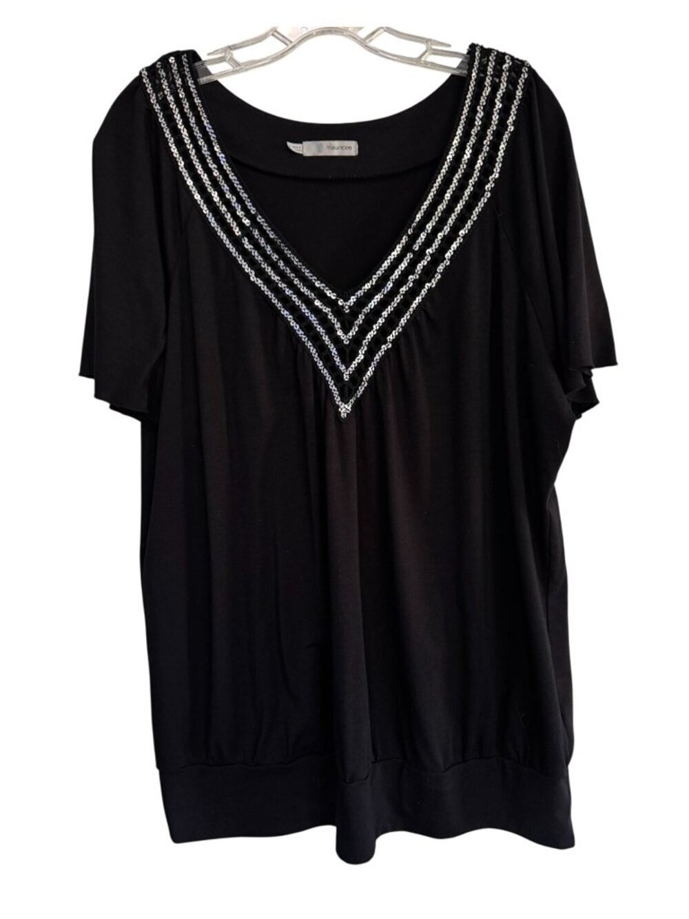 Maurices Short Sleeved Top V-Neck Silver Sequins Black Dressy Women's Size 2 2X